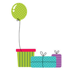 Festive Birthday Celebration With Brightly Wrapped Gift Boxes And A Floating Lime Green Balloon Against A Clean White Background
