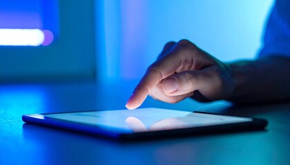 Hand using a tablet, closeup, finger touching a touch pad, blurred blue background, person working with business technology, digitalization concept