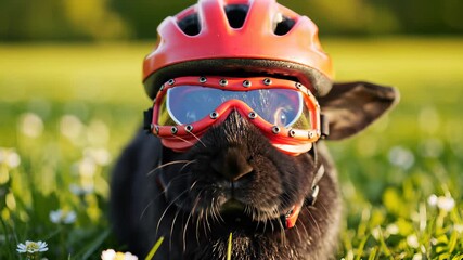 Rabbit wearing helmet and goggles in lush green grassy environment, capturing adventurous exploration concept, perfect for advertising thrill seeking experiences or highlighting sense of.