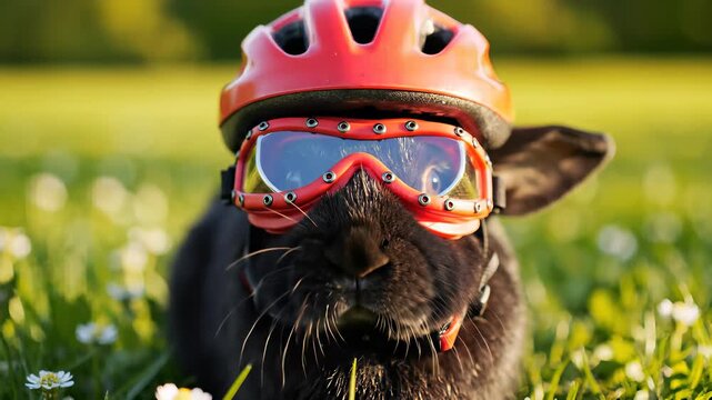 Rabbit wearing helmet and goggles in lush green grassy environment, capturing adventurous exploration concept, perfect for advertising thrill seeking experiences or highlighting sense of.