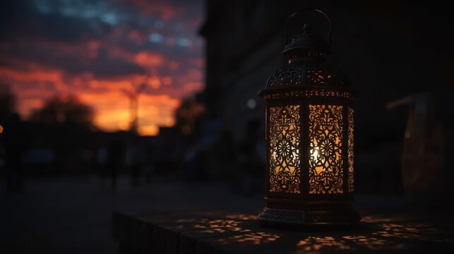 Ornate lantern glows with warm light against a dramatic sunset sky - Powered by Adobe