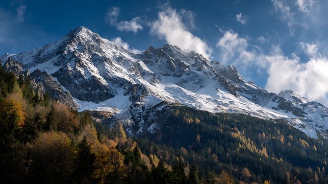 SnowCapped Mountain Peak with Autumn Trees Under a Blue Sky
