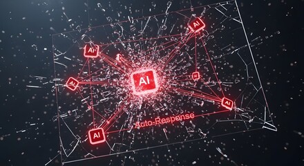 Abstract AI Auto-Response Network Exploding on Shattered Glass with Central Glowing Core