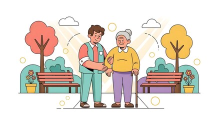 Caring caregiver assists elderly woman walking in sunny park, promoting active senior lifestyle and compassionate support