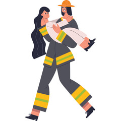 Firefighter in dark uniform with yellow and green stripes carrying a woman in white clothing rescued from danger on a transparent background