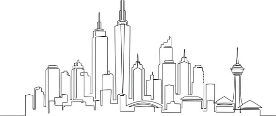 Modern City Skyline with Tall Buildings, One Line Art on Transparent Background