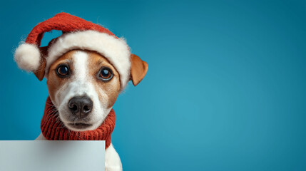 A festive canine dons a Santa hat and a cozy scarf, holding a blank sign against a vibrant blue backdrop. Perfect for holiday marketing or evoking warm feelings of joy and holiday cheer.