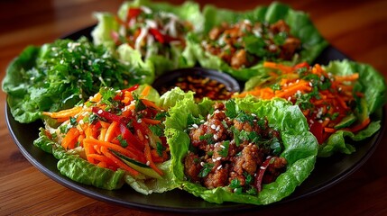 Fresh lettuce leaves filled with seasoned minced chicken and vegetables, Asian-style presentation.