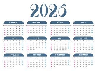 2026 English Calendar with Sunday Start Layout