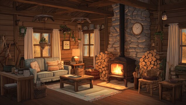 Cozy log cabin interior at sunset - Powered by Adobe