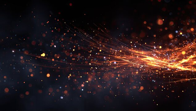 Abstract glowing streaks of orange and gold particles against a dark background