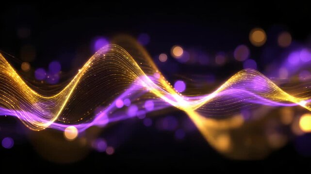 Abstract futuristic background with purple and blue glowing neon moving high speed wave lines and bokeh lights. Visualization of sound waves. Data transfer. Fantastic wallpaper gen by AI
