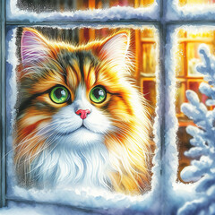  Digital painting of a cozy fluffy cat with green eyes looking through a snow window. The warm image contrasts with the cold winter landscape behind the glass.