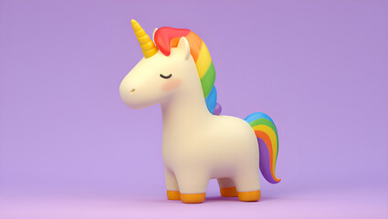 Whimsical 3D Unicorn Render with Rainbow Mane on Purple Background, Generative AI