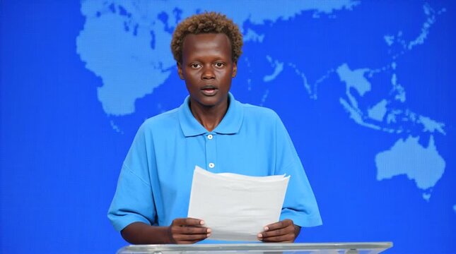 Brown skin commentator on a TV channel. They are African newsreader working on breaking news release. Dark brown skin. Melanated skin news presenter