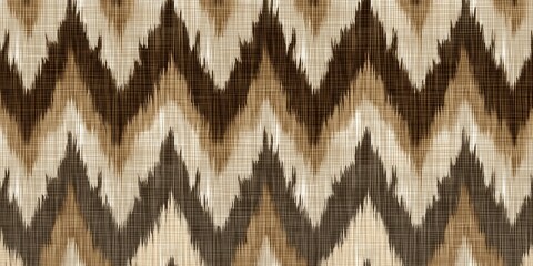 Earth-tone Ikat design inspired by handmade tribal textiles, brown, tan, and cream palette, seamless pattern.