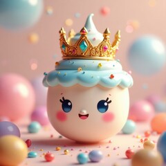 Cute smiling cupcake with crown and colorful balloons