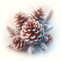 The composition of two pine cones and spruce branches, covered with light frost, creates the atmosphere of a winter fairy tale. Cream background and watercolor style.
