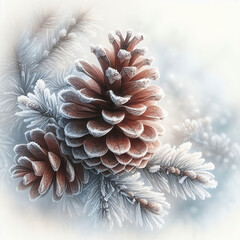 The composition of two pine cones and spruce branches, covered with light frost, creates the atmosphere of a winter fairy tale. Cream background and watercolor style.
