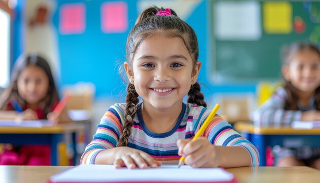 Happy young student focused on writing, with fellow students in the classroom