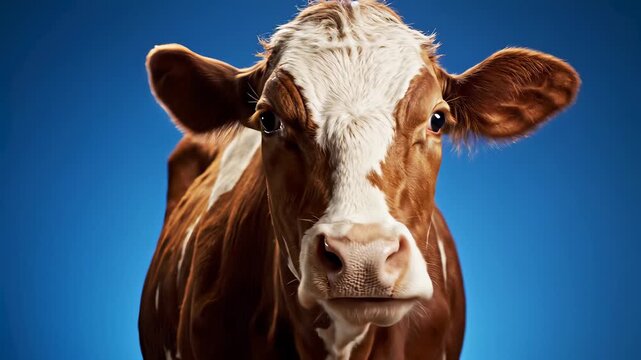 A blue eyed cows gentle gaze invites scrutiny, directly addressing the camera while its red tinged head symbolizes innovative thinking, bold approaches, or creative problem solving in various.