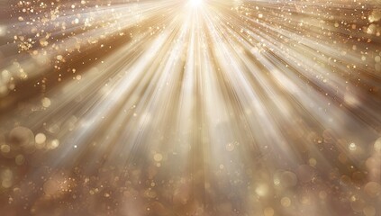Golden light rays burst from center, a backdrop of shimmering particles