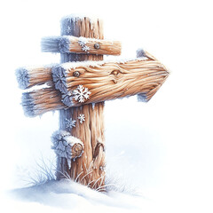 A wooden road sign with two snow arrows on a frost pillar, surrounded by frost and winter branches. Ideal for the dark and winter drains.