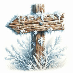 A wooden road sign with two snow arrows on a frost pillar, surrounded by frost and winter branches. Ideal for the dark and winter drains.