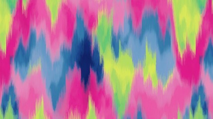 Neon-inspired Ikat pattern featuring electric pink, lime green, and glowing blue, soft-blur edges, dynamic visual pop.