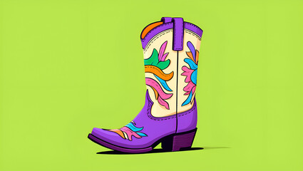 Vibrant purple cowboy boot with colorful intricate stitching and design, set against a bright green backdrop, Generative AI
