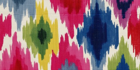 Playful kids-style Ikat motif using rainbow colors and soft cloud-like edges, joyful textile appearance.