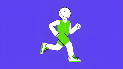 A simple cartoon character running with a smile in green sportswear. A flat vector illustration of a happy person exercising for health and fitness against a purple background, Generative AI