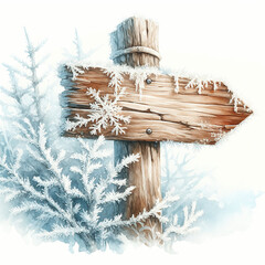 A wooden road sign with two snow arrows on a frost pillar, surrounded by frost and winter branches. Ideal for the dark and winter drains.