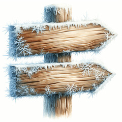 A wooden road sign with two snow arrows on a frost pillar, surrounded by frost and winter branches. Ideal for the dark and winter drains.