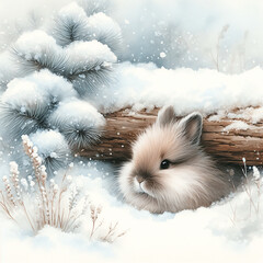 A cute fluffy rabbit with brown and cream fur is snuggled up under a log covered with snow. His big eyes and small ears.