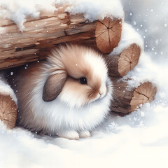 A cute fluffy rabbit with brown and cream fur is snuggled up under a log covered with snow. His big eyes and small ears.