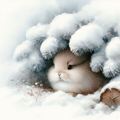 A cute fluffy rabbit with brown and cream fur is snuggled up under a log covered with snow. His big eyes and small ears.