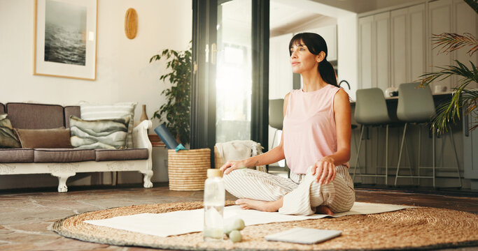 Thinking, woman and meditation for yoga in home with zen, spiritual awareness and holistic healing. Mature person, breathing exercise and inner peace for mindfulness, balance practice and wellness