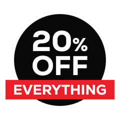 20% OFF EVERYTHING circular sale badge. Bold, modern sticker design with white text inside a large black circle, paired with a horizontal red banner. Ideal for retail, e-commerce, and promotional grap