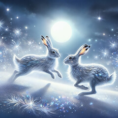 Two white rabbits jumping on fluffy clouds under the starry sky create a magical atmosphere. The gentle light of the moon and the birds .