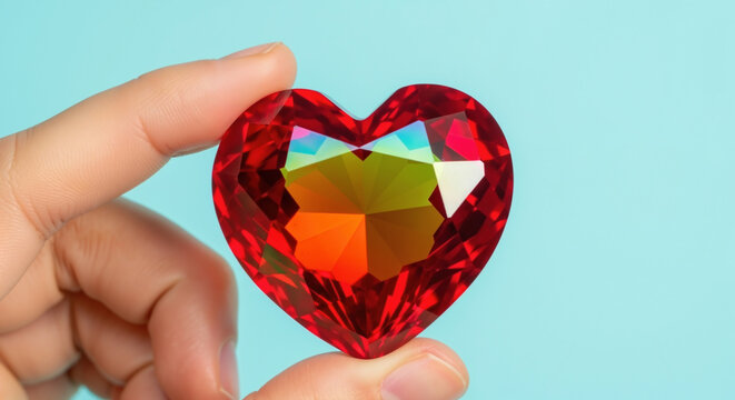 A hand delicately pinches a large, sparkling red faceted heart gem, showcasing its bright refraction against a solid light blue background.