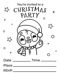 Kawaii Christmas party invitation with a cute panda, fun kids vector coloring page