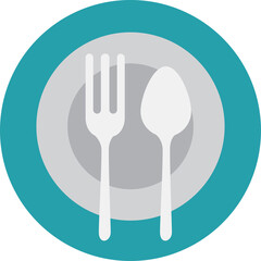 Flat Design Icon of A White Fork And Spoon Placed On A Circular Plate With Teal Blue Outer Ring And Grey Inner Rings On Transparent Background