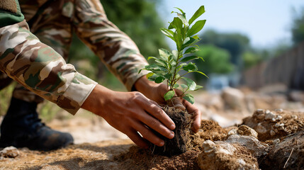 Faceless soldier planting a young tree in dry soil, concept of peacebuilding and regeneration, soft natural tones, with copy space.
