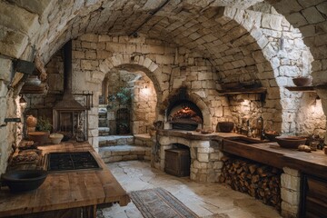 Naklejka premium Rustic stone kitchen with arched ceilings