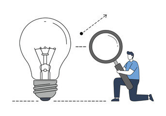 Man Analyzing Big Light Bulb Idea with Magnifying Glass