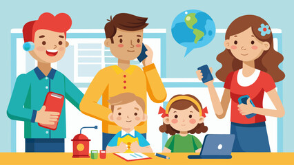 A family is gathered around a table with a laptop and cell phones. The man on the phone is talking to someone, while the woman is looking at her cell phone. The children are sitting at the table