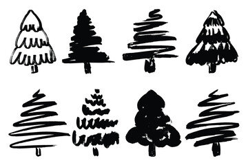 Marker Drawn Christmas Trees Silhouettes Set. Hand drawn brush stroke Christmas trees. Doodle ink painted fir trees for New Year and Christmas cards, posters, cover, wrapping paper 
