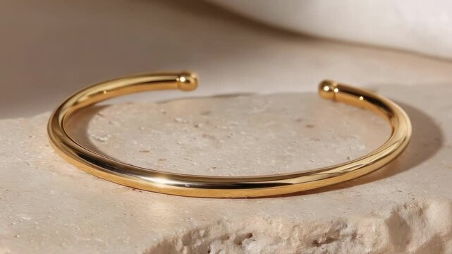 A simple gold open-ended cuff bracelet resting on a light stone surface.