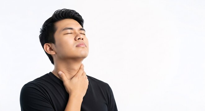 Breathing Relief A Man's Soothing Touch for Comfort and Wellbeing Gentle Hands Easing Tension a Peaceful Moment for Physical and Emotional Support Throat Care Therapy